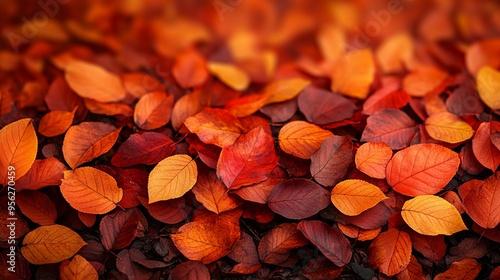 Autumnal Hues: A captivating close-up of vibrant red, orange, and yellow leaves, showcasing the beauty of autumn's changing colors. The blurred background adds a sense of depth and tranquility, inviti photo