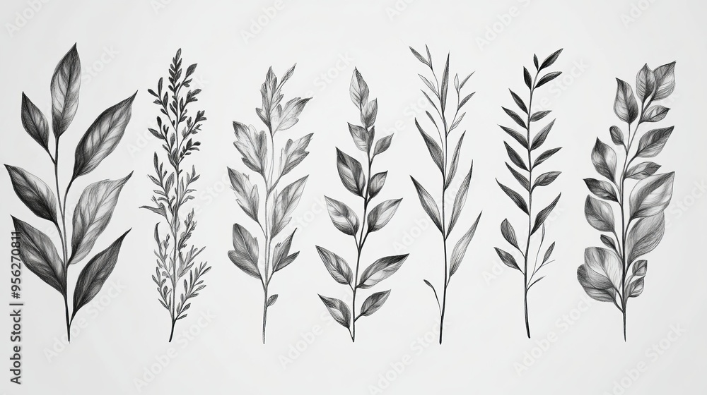 Fototapeta premium Row of hand-drawn leaves on a plain background