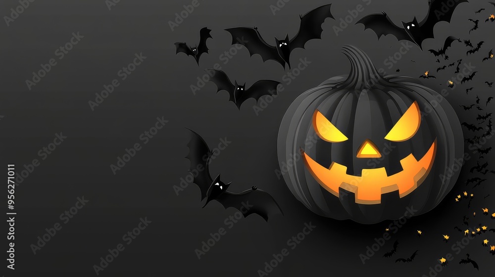Cartoon Cute Halloween Pumpkin with Glowing Light and Flying Bats on Dark Grey Background, Black Theme Banner Design. AI generated illustration. Cartoon Cute Halloween Pumpkin with Glowing Light and Flying Bats on Dark Grey Background, Black Theme Banner Design. AI generated illustration.