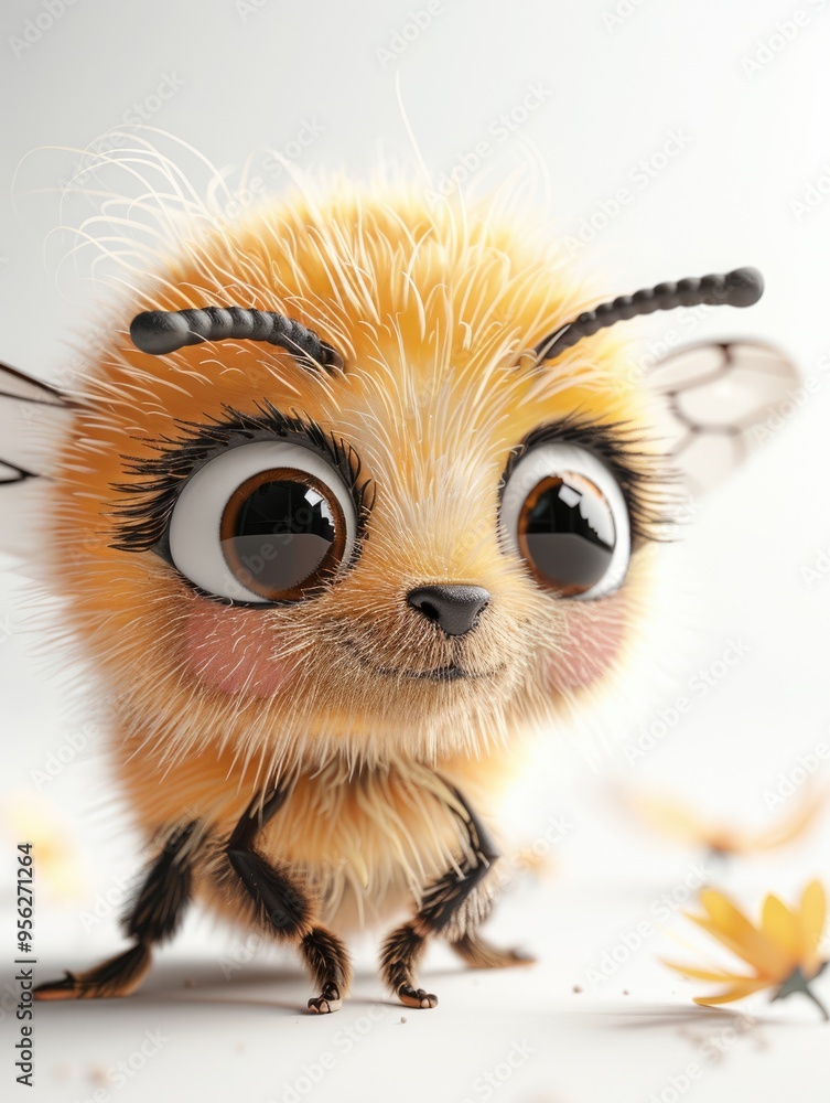 On a white backdrop, a cartoon honey bee with transparent wings and a cheerful expression for children's projects and decorative cards. On a white backdrop, a cartoon honey bee with transparent wings and a cheerful expression for children's projects and decorative cards.