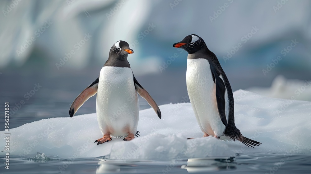 Fototapeta premium Two gentoo penguins standing on ice floe