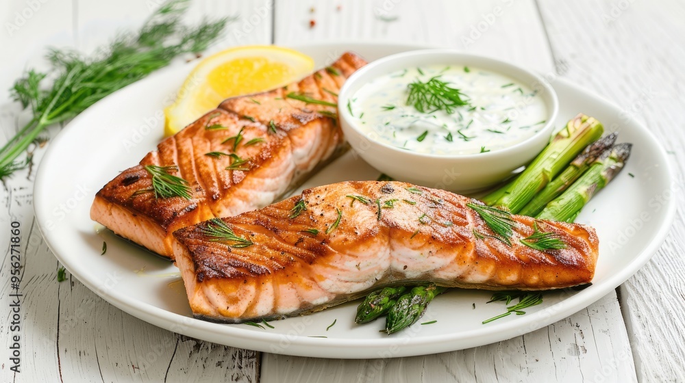 roast salmon steaks with boiled asparagus fresh lemon and yogurt dill sauce on plate on white wooden table landscape view roast salmon steaks with boiled asparagus fresh lemon and yogurt dill sauce on plate on white wooden table landscape view