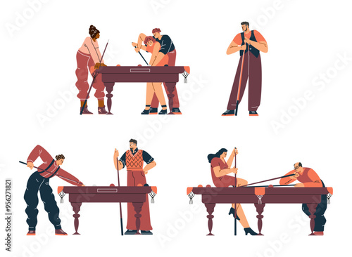 Billiards game competition vector flat set, players in pool room with cue aiming at billiard balls, hobby entertainment