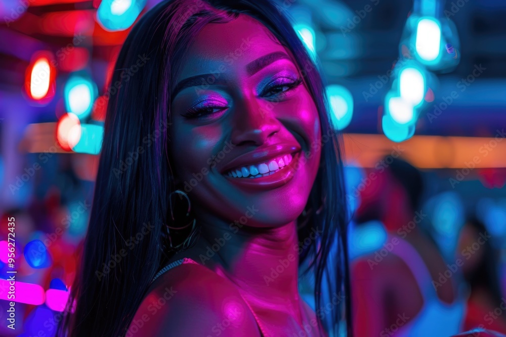 Vibrant nightlife scene with smiling woman in neon lights AI Vibrant nightlife scene with smiling woman in neon lights AI