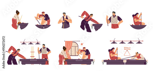Cartoon billiard players, isolated and indoor scenes. Vector illustration in flat style.