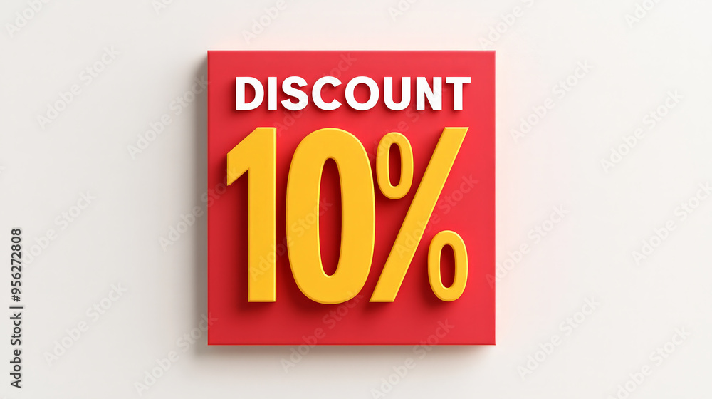 3D discount sign with 10 percent off in yellow text on a red square background 3D discount sign with 10 percent off in yellow text on a red square background