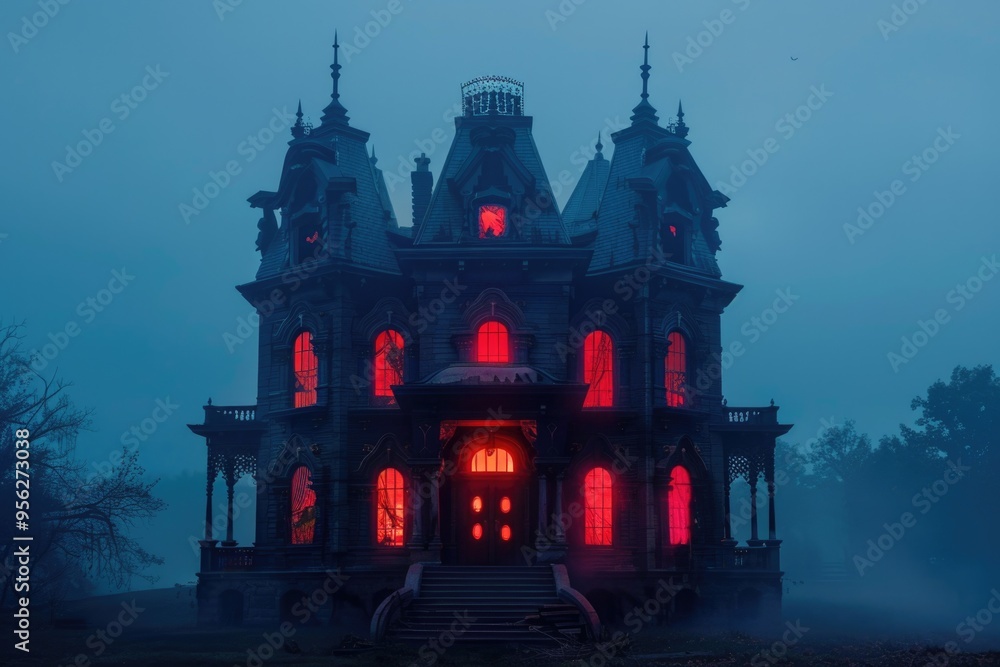 Haunted halloween mansion with eerie red glow on foggy night AI Haunted halloween mansion with eerie red glow on foggy night AI