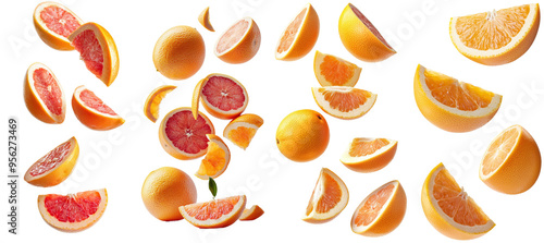 Isolated falling grapefruits, full depth of field, on white