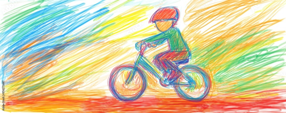 Fototapeta premium Playful Kid on a Colorful Ride - Vibrant Sketch of Child Cycling with Bold Lines, Artistic Doodle of Young Cyclist Adventure