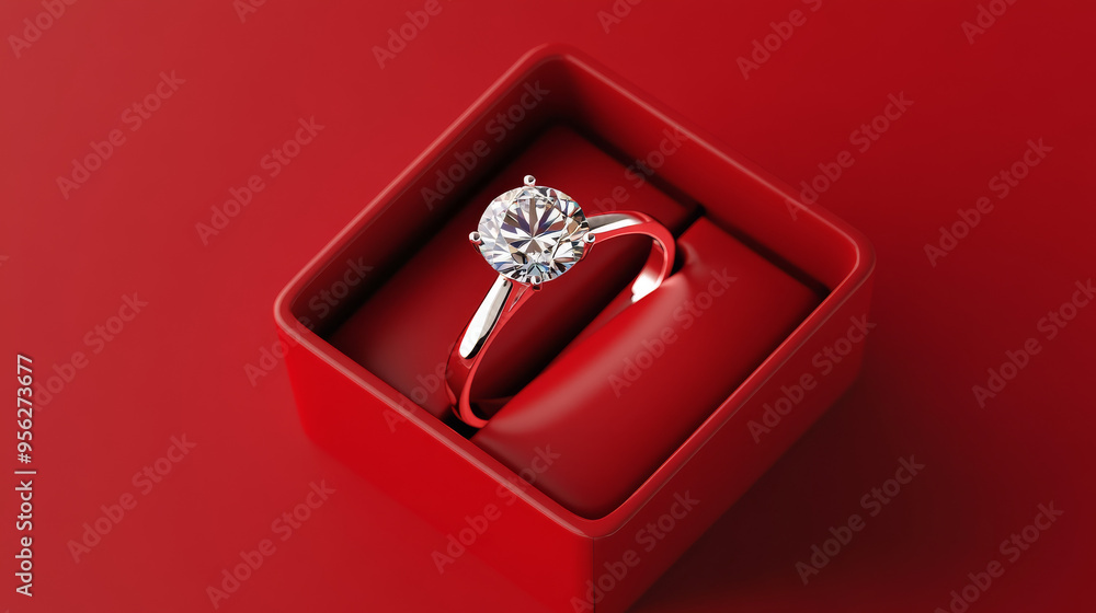 Diamond ring in a jewelry gift box floating against a red background. Diamond ring in a jewelry gift box floating against a red background.