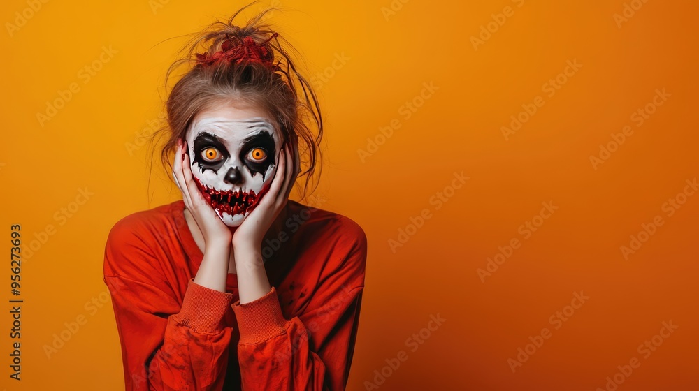 Cute Girl Dressed as a Zombie for Halloween on an Orange Banner with Space for Copy, Festive 3D Illustration. AI generated illustration. Cute Girl Dressed as a Zombie for Halloween on an Orange Banner with Space for Copy, Festive 3D Illustration. AI generated illustration.