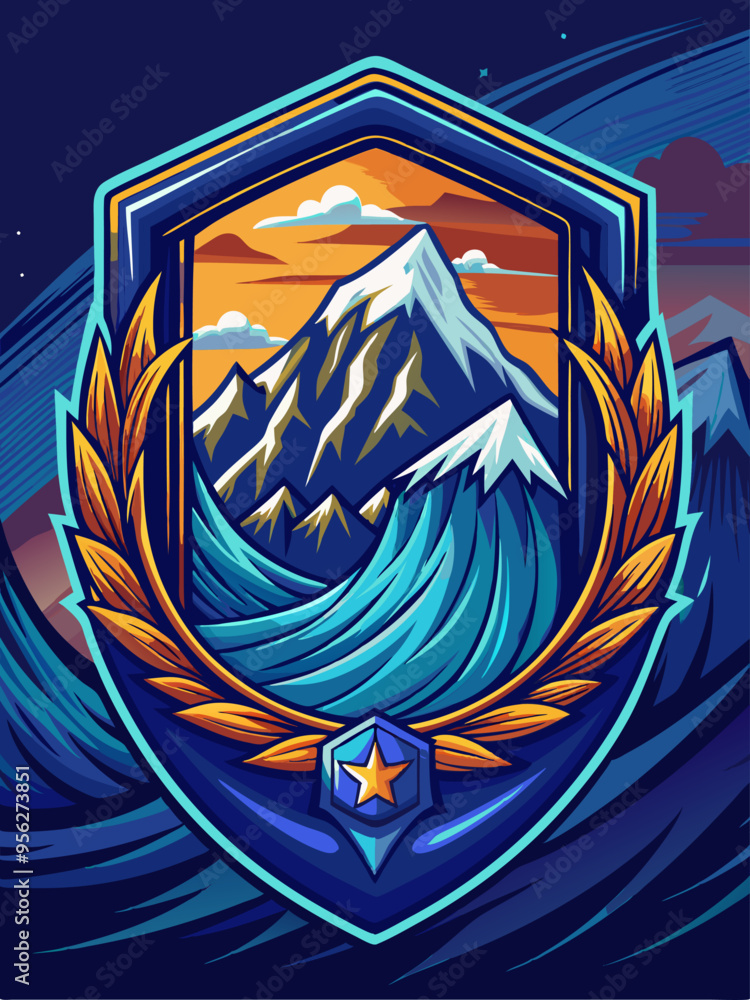 Fototapeta premium Abstract Mountain and Ocean Emblem with Gold Leaves and a Star