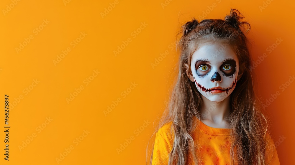 Cute Girl Dressed as a Zombie for Halloween on an Orange Banner with Space for Copy, Festive 3D Illustration. AI generated illustration.