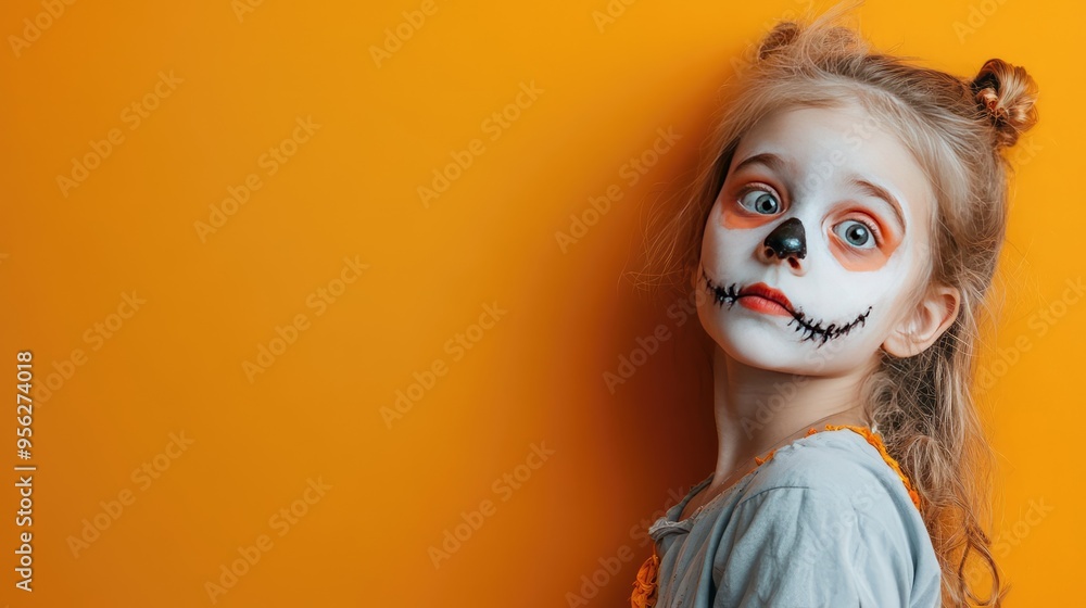 Cute Girl Dressed as a Zombie for Halloween on an Orange Banner with Space for Copy, Festive 3D Illustration. AI generated illustration. Cute Girl Dressed as a Zombie for Halloween on an Orange Banner with Space for Copy, Festive 3D Illustration. AI generated illustration.