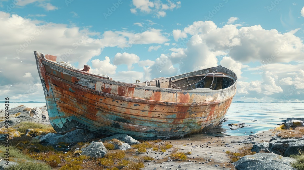 An old, abandoned fishing boat on the shore, with extensive rust and damage to the hull, set against a beach landscape and a bright, clear sky. An old, abandoned fishing boat on the shore, with extensive rust and damage to the hull, set against a beach landscape and a bright, clear sky.