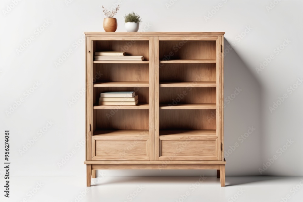 Fototapeta premium 3D render of a bookshelf in a white room with a wooden design featuring empty storage spaces and a door, creating a cozy home interior atmosphere
