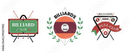 Billiards logo design vector set, cartoon billiard ball emblem with laurel wreath, pool table, cues triangle, club game