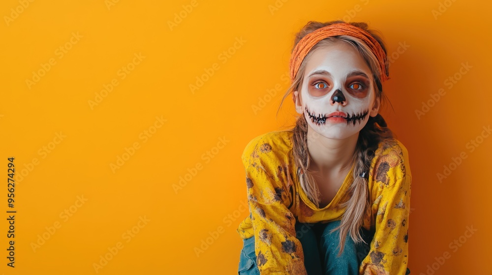 Cute Girl Dressed as a Zombie for Halloween on an Orange Banner with Space for Copy, Festive 3D Illustration. AI generated illustration. Cute Girl Dressed as a Zombie for Halloween on an Orange Banner with Space for Copy, Festive 3D Illustration. AI generated illustration.