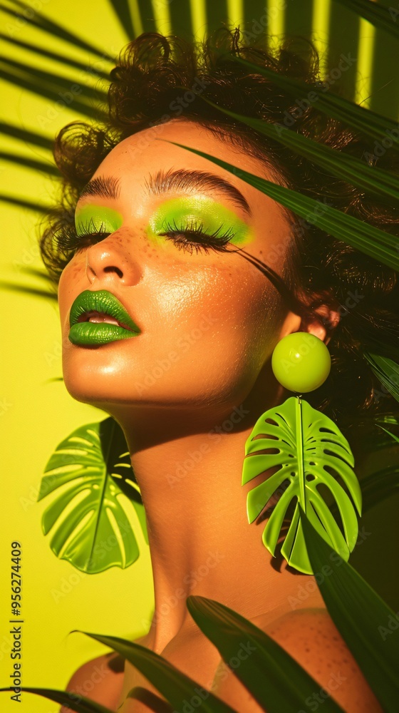Tropical Beauty with Bold Green Makeup and Statement Earrings Tropical Beauty with Bold Green Makeup and Statement Earrings