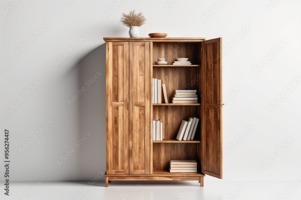 3D render of a bookshelf in a white room with a wooden design featuring empty storage spaces and a door, creating a cozy home interior atmosphere 3D render of a bookshelf in a white room with a wooden design featuring empty storage spaces and a door, creating a cozy home interior atmosphere