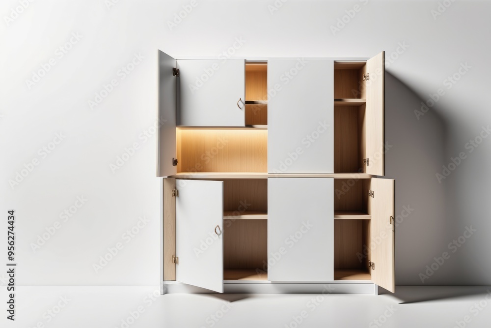 A white wooden wardrobe with drawers and shelves A white wooden wardrobe with drawers and shelves