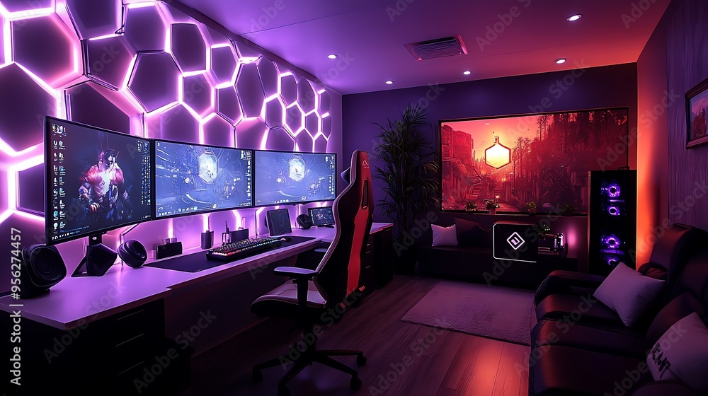 A high-tech esports gaming room, designed with a multi-monitor setup on a sleek desk, branded ergonomic chairs, and LED lighting that creates a competitive arena feel, A high-tech esports gaming room, designed with a multi-monitor setup on a sleek desk, branded ergonomic chairs, and LED lighting that creates a competitive arena feel,