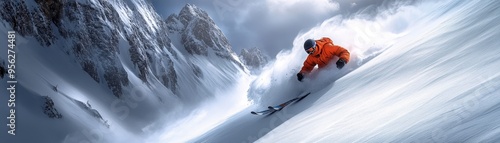 Skier performing a high-speed drop into a narrow gully filled with deep powder, [gully drop], [extreme powder skiing] photo