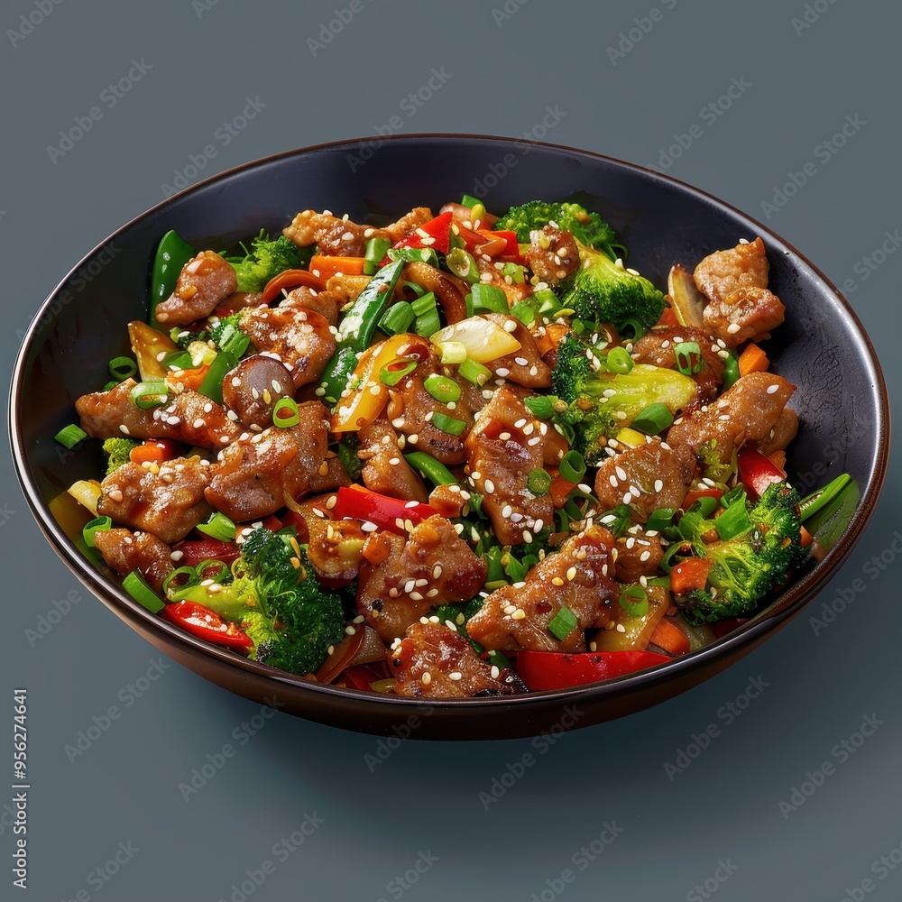 Stir-fried Meat and Vegetables with Sesame Seeds in a Black Bowl Stir-fried Meat and Vegetables with Sesame Seeds in a Black Bowl