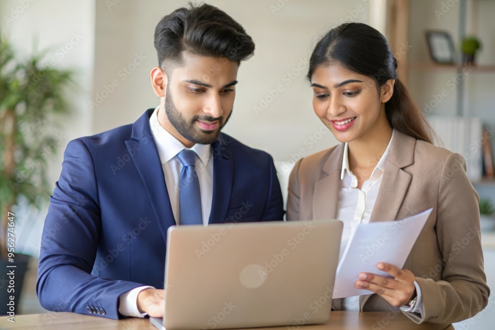 Young Indian partners analyzing their finances and paperwork on a laptop.
Young Indian partners analyzing their finances and paperwork on a laptop.
