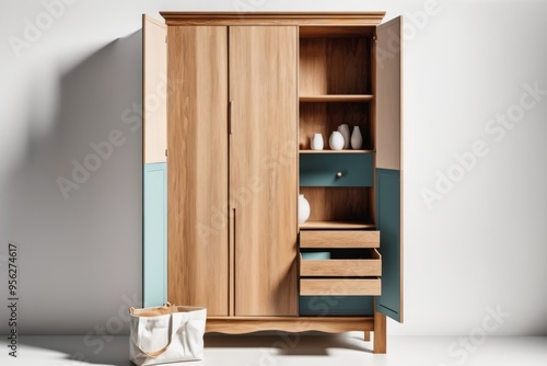 A white wooden wardrobe with drawers and shelves