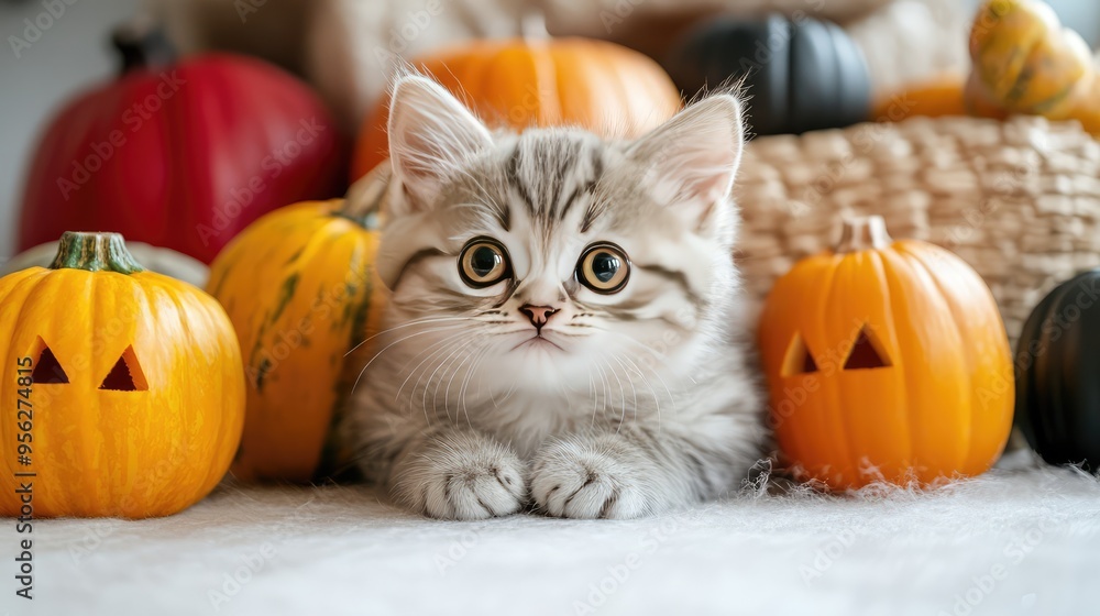Cute Kitten with Pumpkins in a White Room, Halloween Concept 3D Illustration. AI generated illustration. Cute Kitten with Pumpkins in a White Room, Halloween Concept 3D Illustration. AI generated illustration.