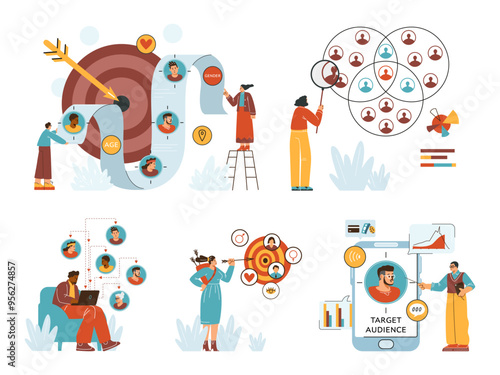 Target audience analysis, consumer behaviour, focus group, target marketing cartoon vector set, diversity people icons