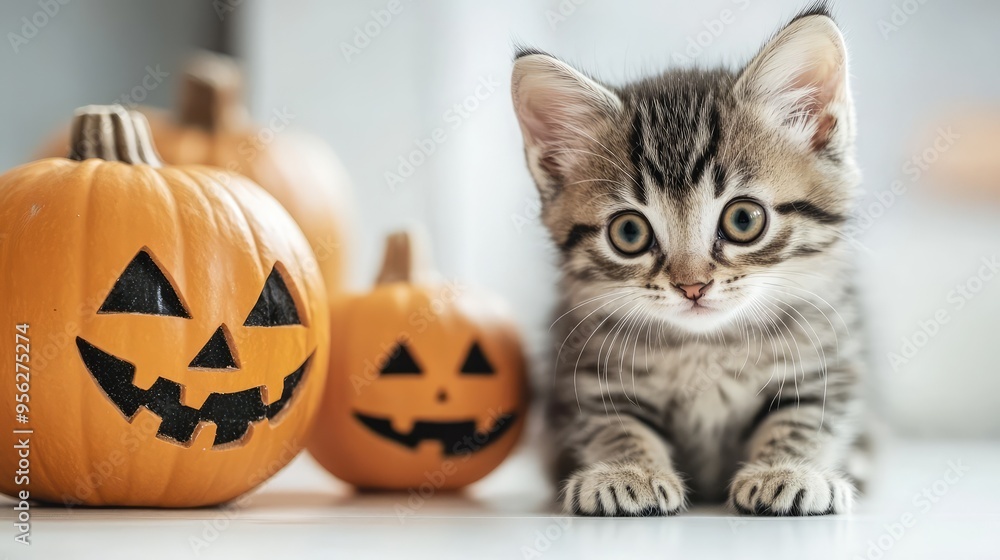 Cute Kitten with Pumpkins in a White Room, Halloween Concept 3D Illustration. AI generated illustration. Cute Kitten with Pumpkins in a White Room, Halloween Concept 3D Illustration. AI generated illustration.