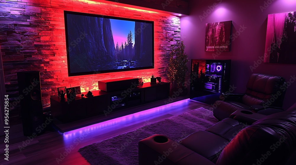 A home theater gaming room, featuring a massive projection screen, immersive surround sound, and plush leather seating, A home theater gaming room, featuring a massive projection screen, immersive surround sound, and plush leather seating,