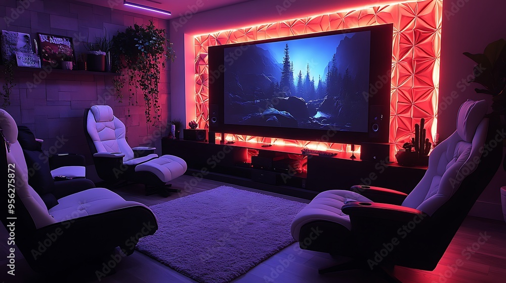 A home theater-style gaming room, with a massive projection screen, immersive surround sound, and comfortable seating in plush recliners, surrounded by dim, ambient lighting and acoustic panels, A home theater-style gaming room, with a massive projection screen, immersive surround sound, and comfortable seating in plush recliners, surrounded by dim, ambient lighting and acoustic panels,