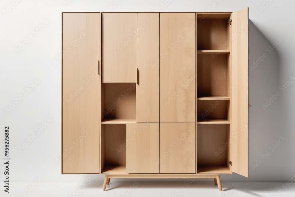 empty wooden empty shelves for interior design isolated white background