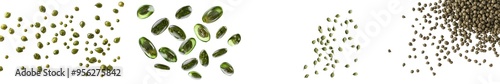 Isolated falling caper on white background, selective focus