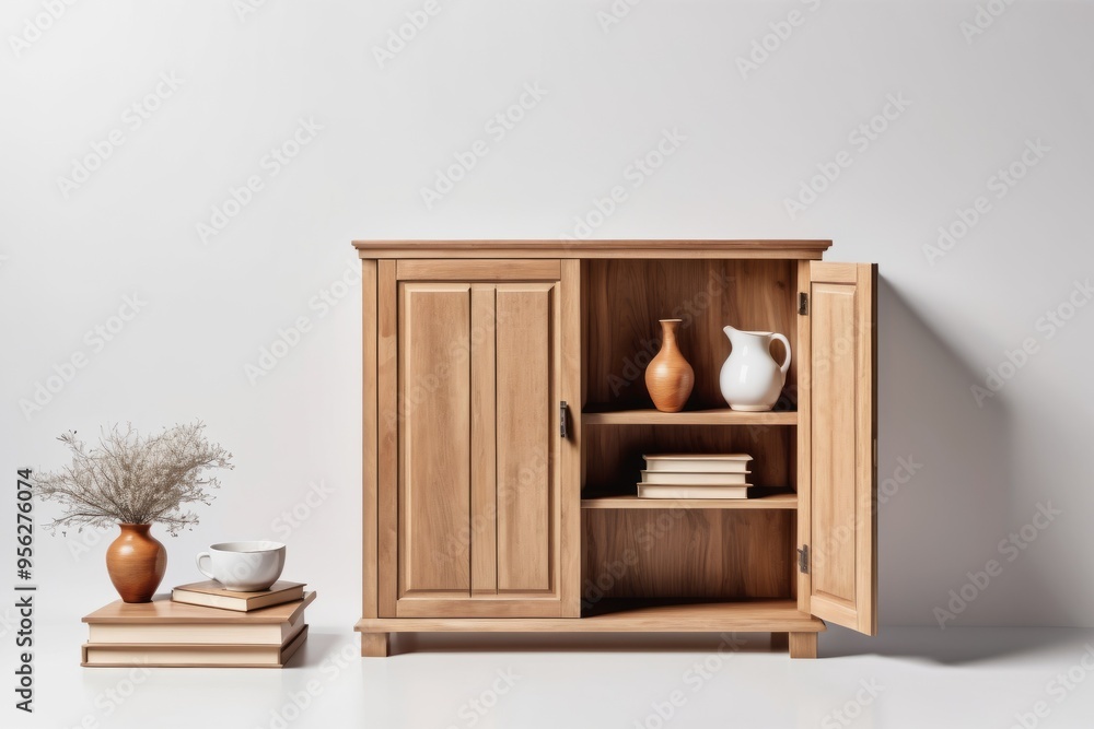 Fototapeta premium Wooden empty shelves with home supplies an ceramic for interior design