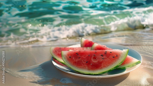 Fresh Watermelon Summer Fruits Food for Tropical on Sand Beach with Water Sea Nature Red Fruit in Plate for Healthy Diet Natural Organic Nutrition Dessert Snack Holidays Season Melon Beverage Slice photo