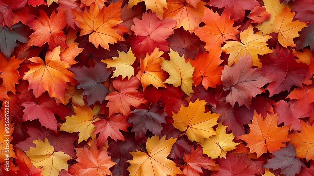 A seamless pattern featuring maple leaves in various autumnal shades, from green to golden yellow, orange, and red, the leaves gently drifting and swirling in a dynamic, flowing design, A seamless pattern featuring maple leaves in various autumnal shades, from green to golden yellow, orange, and red, the leaves gently drifting and swirling in a dynamic, flowing design,