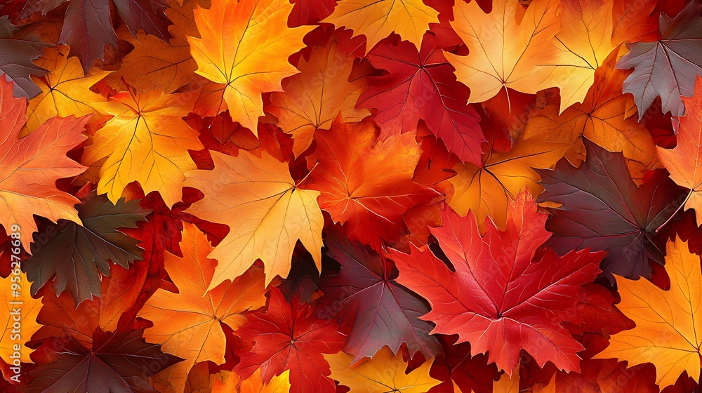 A seamless pattern featuring maple leaves in various autumnal shades, from green to golden yellow, orange, and red, the leaves gently drifting and swirling in a dynamic, flowing design, A seamless pattern featuring maple leaves in various autumnal shades, from green to golden yellow, orange, and red, the leaves gently drifting and swirling in a dynamic, flowing design,