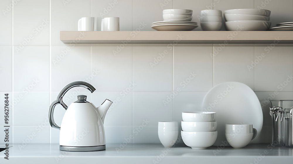 A modern electric kettle with a sleek, minimalistic design on a marble kitchen countertop. A modern electric kettle with a sleek, minimalistic design on a marble kitchen countertop.