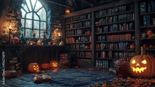 3D render of a wizard’s room filled with ancient books, magical potions, pumpkins, spooky objects, candlelight, and mystical decor, creating a fantasy Halloween scene. AI generated illustration.
