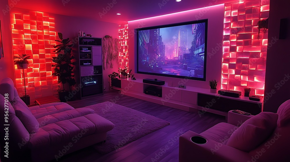 A luxury home theater-style gaming room, featuring a massive projection screen, immersive surround sound, and plush recliners, with dim ambient lighting that enhances the cinematic atmosphere, A luxury home theater-style gaming room, featuring a massive projection screen, immersive surround sound, and plush recliners, with dim ambient lighting that enhances the cinematic atmosphere,