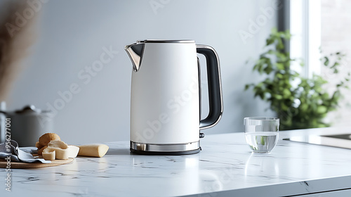 A modern electric kettle with a sleek, minimalistic design on a marble kitchen countertop.