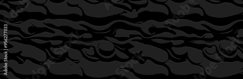 Stylish banner, cover design. Black textured background, embossing. Geometric original 3D pattern with spots, cracks, scratches, abstract figures. Grunge overlay layer.