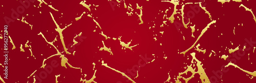 Stylish banner, luxury cover design. Red texture background, gold texture. Geometric trendy abstract pattern with spots, cracks, scratches. Grunge overlay layer.