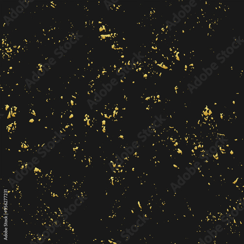 Black texture background, banner, cover design. Gold texture. Geometric original 3D pattern with spots, scratches, splashes. Grunge overlay layer. 