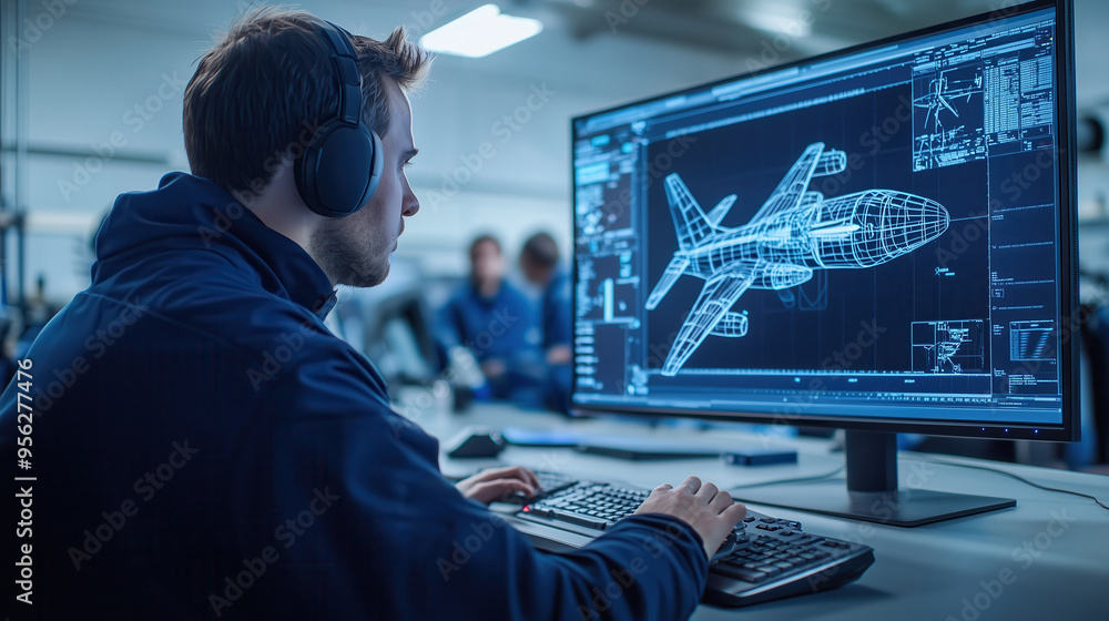 Engineer Designing Aircraft with 3D Modeling Software. Engineer using ...