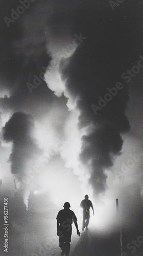 Silhouettes of Industrial Workers in Smoke